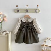 [80-130cm] 子供 韓国風ベビー秋ワンピースセット 女の子用 長袖ブラウス コーデュロイジャンパースカート