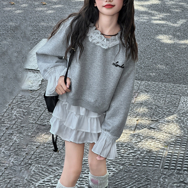 2025秋※女の子用 スウェット トップス＋レースティアードデザイン 中長丈
