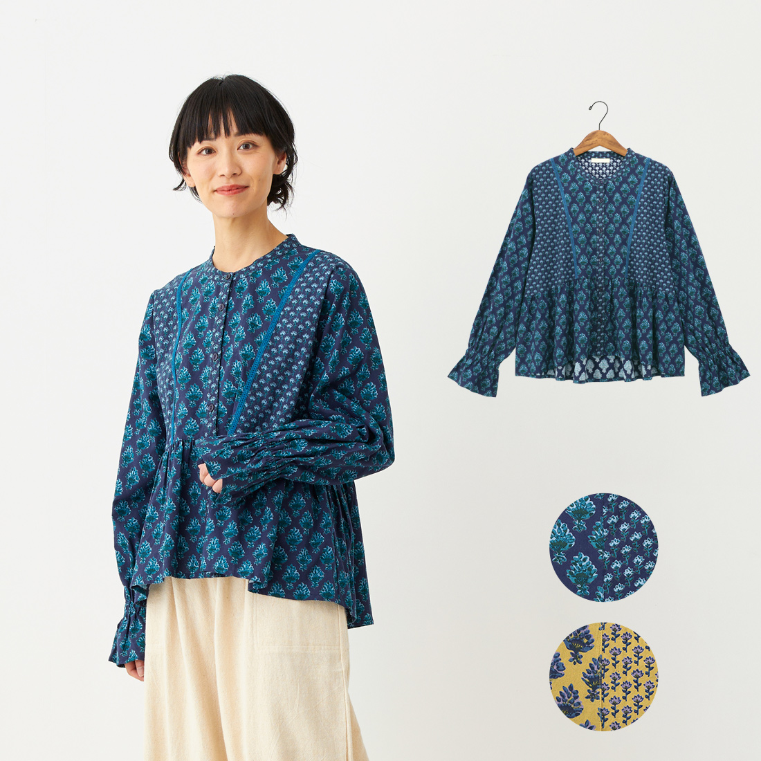 【Shanti Shanti】ブラウス ブーケ[レディース長袖シャツブロックプリントボタニカルアジアン秋冬25AW]