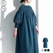 レース切替シャーリングワンピース ワンピース シャツワンピ チュニック ロングブラウス レース ワンピ