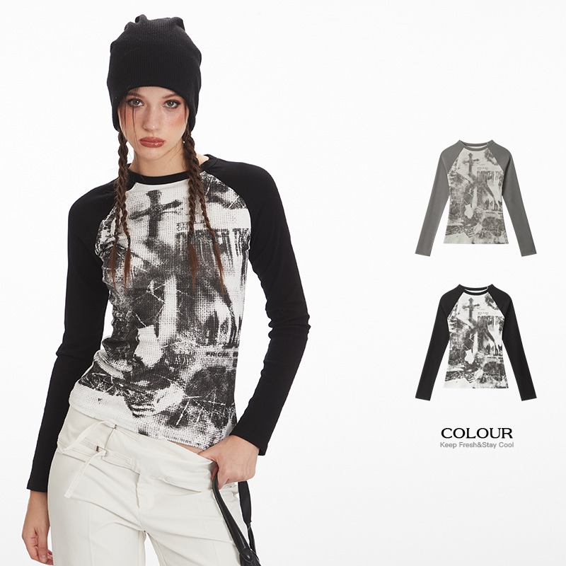 トップス カットソー Tシャツ プリント 長袖 ロンT クルーネック レディース