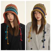 韓国風ハンドメイドかぎ針編みポンポンボンボン帽 あご紐付き