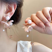 レーディス エレガント ゆらゆら ピンクフラワー ロング デザイン ピアス　　e0175