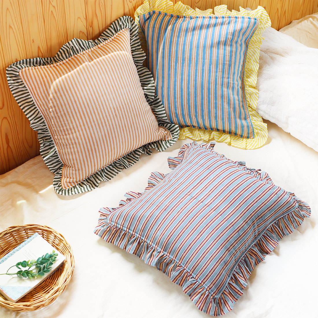 クッションカバー フリル ストライプブロックプリント[Via Indiaインディアボーダーアジア和秋冬25AW]