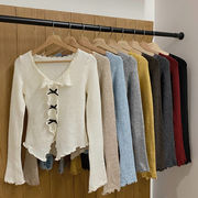 フリル襟 Vネック ニットトップス レディース ショート丈 フェミニンカジュアル