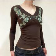 トップス  レディース Tシャツ 長袖 ブラウス プリント Ｖネック