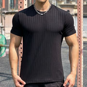 Tシャツ ストライプ リブ 半袖 タイト メンズ クルーネック 半袖Tシャツ 細身Tシャツ スリム