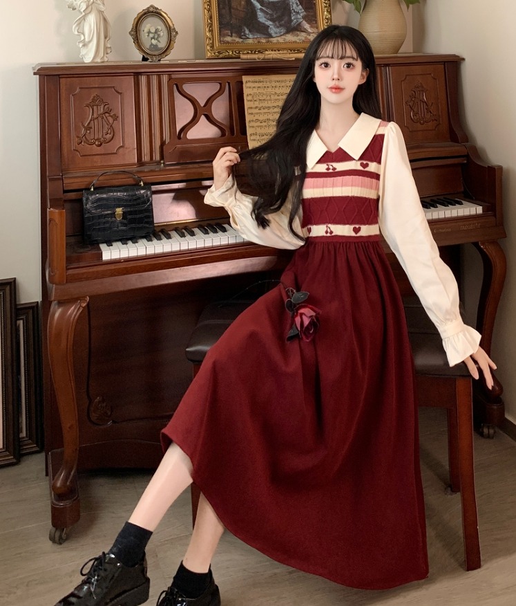 秋冬チェリーハートスイートニット×コーデュロイワンピース ミディ丈 痩せ見え大きいサイズ レディ-ス