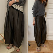 2025年INS 秋冬新作   気質   おしゃれ   カジュアル  PU レザー  ルーズ   ワイドレッグパンツ