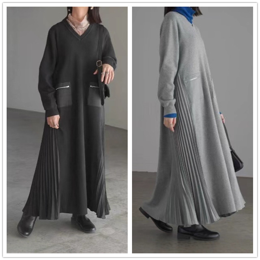 秋冬新作 ワンピース レディース ロングワンピ Vネック プリーツ マキシ丈ワンピース 体型カバー
