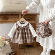 2026春新作　子供服　フェイクレイヤード　帽子付き　ロンパース　可愛い　女の子　格子　カバーオール