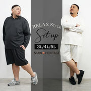 【大きいサイズ】総柄Vネック長袖Tシャツ+ショーツ 2点セットアップ  3L～5L/ SUN HERITAGE