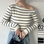 【2025新作商品♪】ボーダー柄デザインネックリブニットトップス