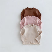 ins 春新作　子供服　女の子　リブ　首元フリル　Tシャツ　カジュアル　トップス　可愛い　カットソー