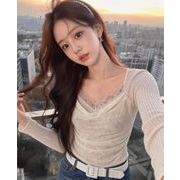 トップス レディース Tシャツ 長袖 レース切替 スリム