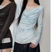 Tシャツ 長袖 重ね着風 ドレープ タイト レディース ギャル 韓国 秋 青