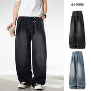 メンズ ウォッシュドヴィンテージデニムパンツ レトロ ワイドストレート カジュアルロングパンツ★全2色