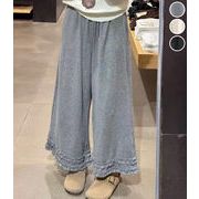 【2026新作】 裾フリル ニット 細リブ フレア ワイド パンツ ウエストゴム ポケット