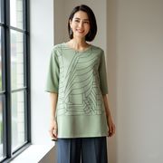 【春物新作】柔らか　カットスウェード素材　無地＆幾何学柄切り替えプルオーバー