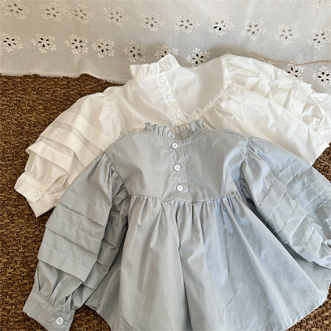 2026春※綿100 無地シャツ ワンピース風 立ち襟トップス 女の子