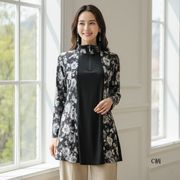 ゆったりAライン　ハーフジップ長袖シャツ　強撚ストレッチカットソー　C、D柄