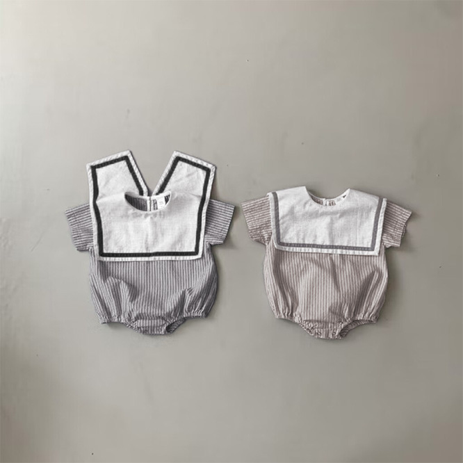 BAIS☆2025夏新作 ベビー服男女兼用セーラー風折り襟ストライプ柄半袖ロンパース