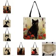 7色 花柄 猫柄ショルダーバッグ  亜麻 大容量 トートバッグ 肩掛け 手提げ ねこ ネコ 猫柄バッグ  猫雑貨