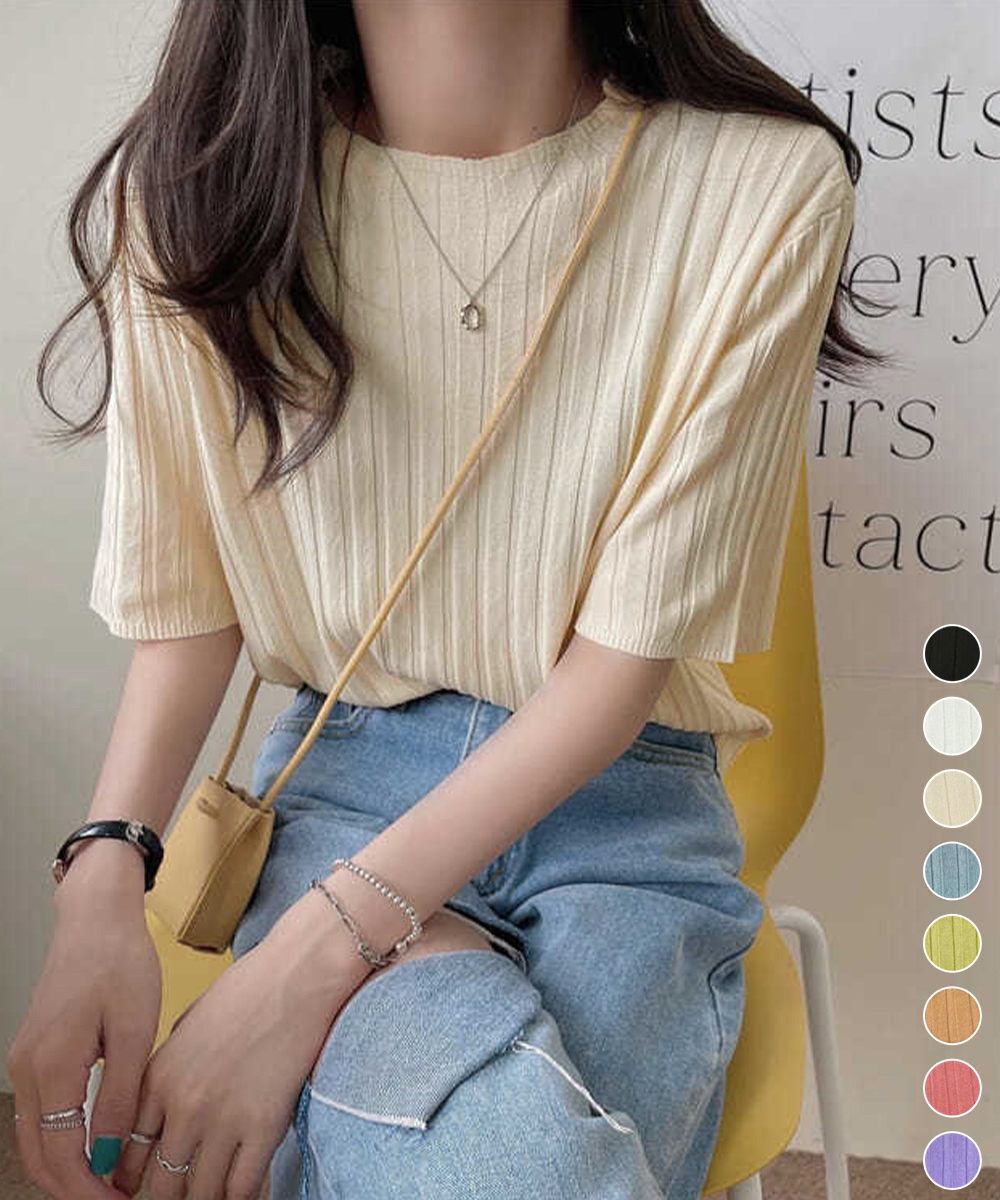 【日本倉庫即納】 サマーニットトップス半袖 カットソー夏服