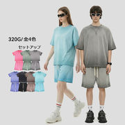 【OEM】メンズ ヴィンテージウォッシュ グラデーション 320g 半袖Tシャツ＋ショートパンツ★全7色