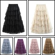 多層チュールケーキスカート、ミディアム丈、ハイウエストメッシュスカートV00205