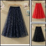 スパンコールプリーツAラインメッシュミディスカートV00210