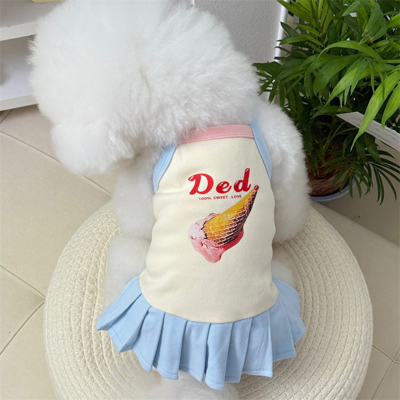 韓国の春夏服、猫と犬の服、かわいい漫画の服、テディ ビション ポメラニアンの小型犬のベストとスカート