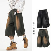 メンズ ストレート七分デニムパンツ 夏 ヴィンテージウォッシュ レトロ ワイド ハーフパンツ★全2色