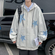 男女兼用 アメリカン 星柄 パッチ パーカー ゆったり アウター フード付き ストリート レトロ