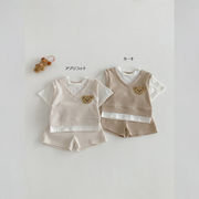 全2色[73-110cm] ベビー服 夏用 ワッフル生地 半袖 セットアップ 男女兼用 キッズ フェイクレイヤード 薄手
