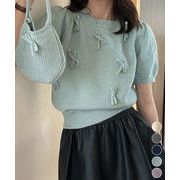 【日本倉庫即納】 リボン付きニットトップスクルーネック夏服