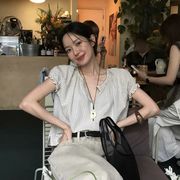 フレンチ 格子柄 ゆったり 半袖シャツ