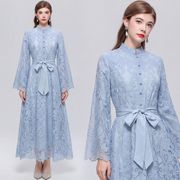 レディース 刺繍レース ロングワンピース スタンドカラー 長袖 ウエストリボン Aライン フレア