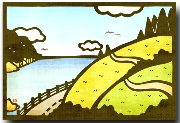 切り絵ポストカード　日本の風景海と丘