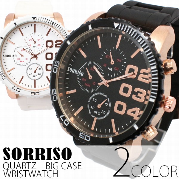 正規品SORRISOソリッソ 52mmビッグケースにラバーベルト フェイククロノグラフ SRF4 メンズ腕時計