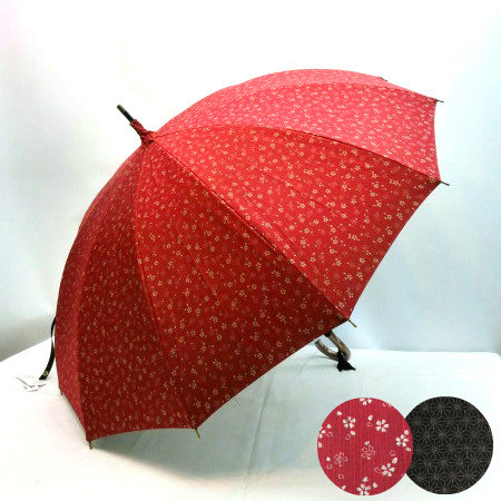 【日本製】【長傘】【晴雨兼用】和桜＆麻の葉柄両面12本骨手開き晴雨兼用長傘