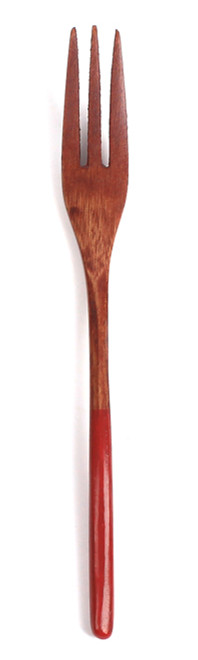 木製　　木目　手柄赤　　中　三つ分けフォーク 　13.8CM