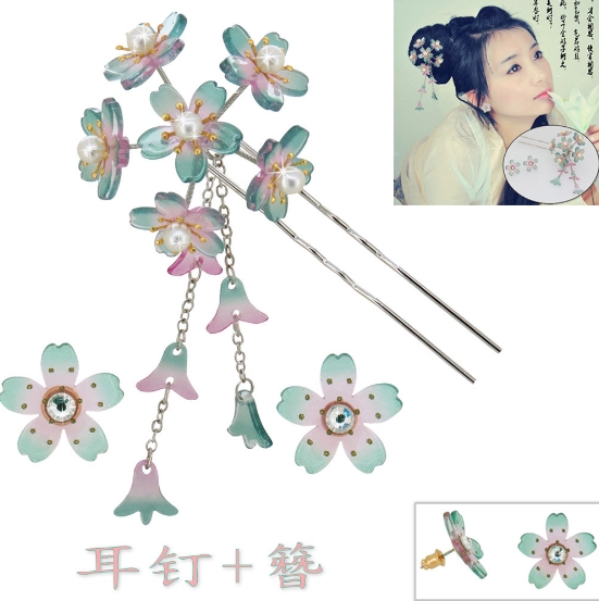 2色多色桜緑花の髪飾りアクリル古風なかんざし漢服の飾り簪のピアス