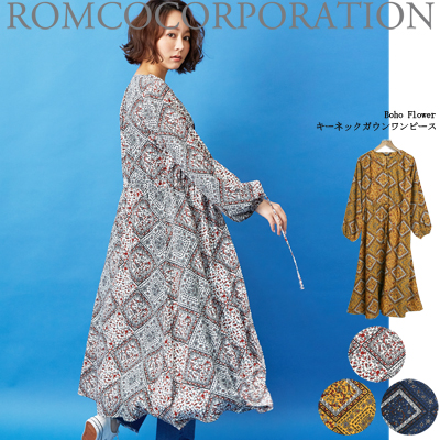 【2019春物新作】Boho Flower キーネックガウンワンピース