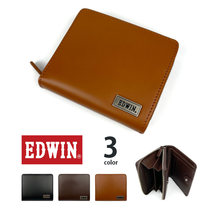 【全3色】 EDWIN エドウイン ラウンドファスナー小銭入れ 二つ折り財布 再生皮革