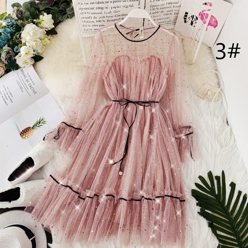 キラキラ ワンピース 肩見せワンピース 膝丈ワンピース 吊りワンピース 長袖 フリル 星柄 アパレル Witm Kobe 問屋 仕入れ 卸 卸売の専門 仕入れならnetsea