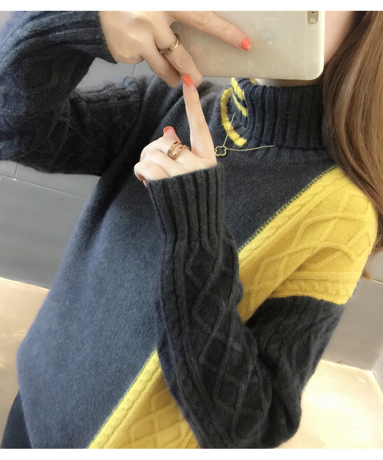 タートルネックセーター/韓国ファッションカラーブロックツイストニットセーター