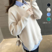 【日本倉庫即納】 ニットトップス リボンセーター シャツレイヤード レディースファッション