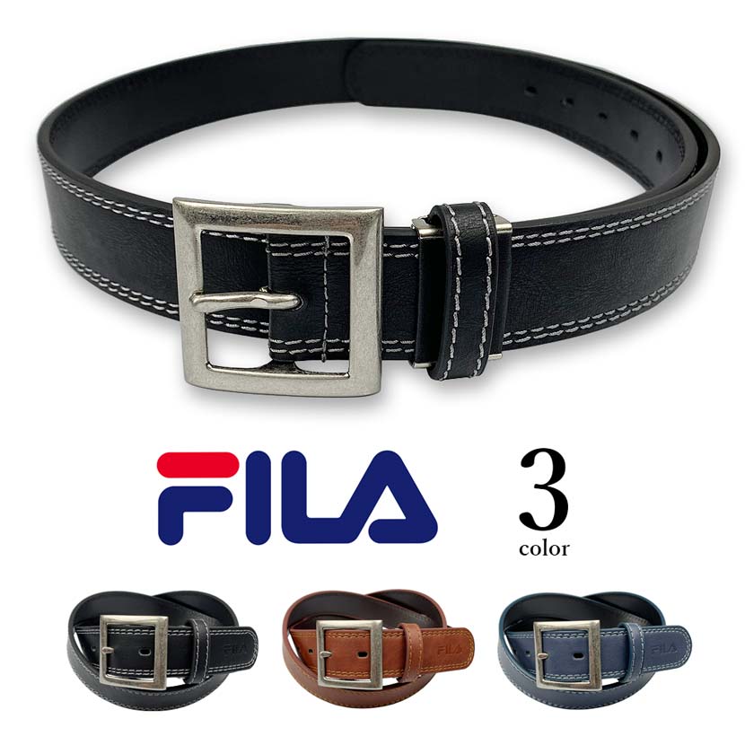 【全3色】FILA フィラ ロゴ型押し レザーベルト ダブルステッチ ベルト 3.5cm