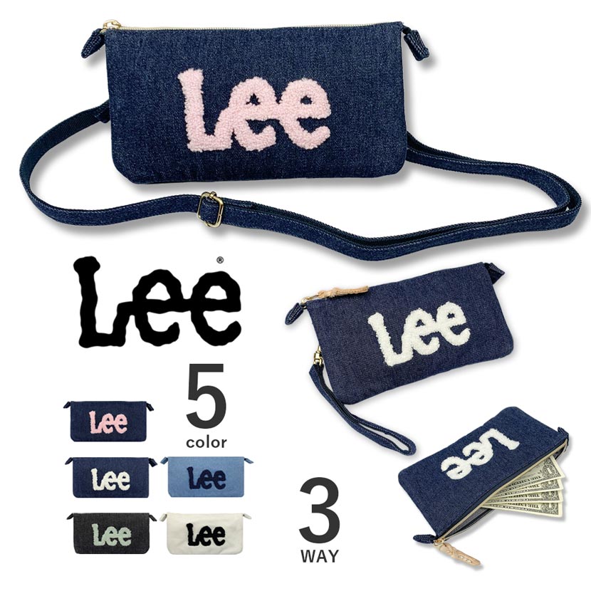 【全5色】Lee リー 3WAY デニム素材 もこもこロゴ ウォレットポシェット クラッチバッグ ポーチ 長財布